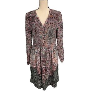 Maeve Anthropologie Amethyst Tile Midi Dress Size Large Pink Navy Blue Boho